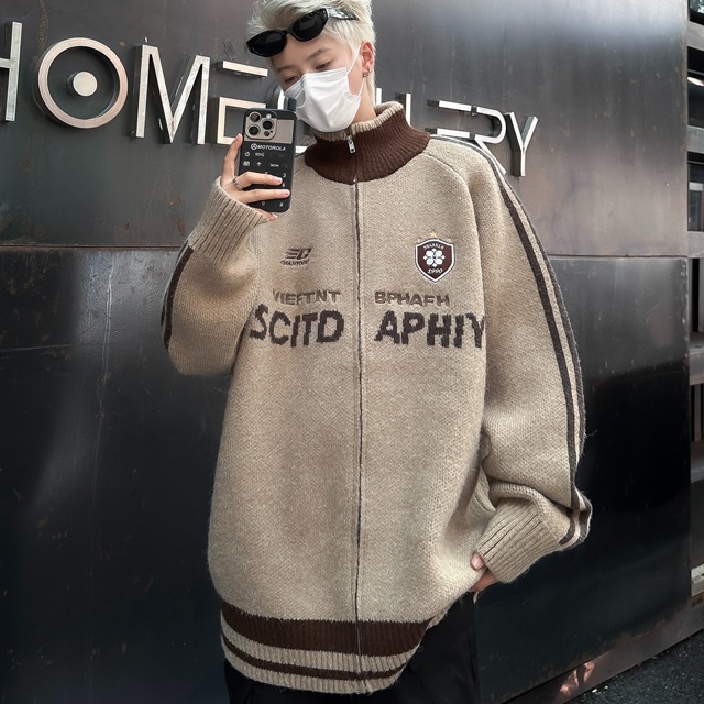 浅耀男装 | アメリカのレトロな立襟ニットの秋の高級感コート男性のゆるいカーディガンの怠惰なセーター