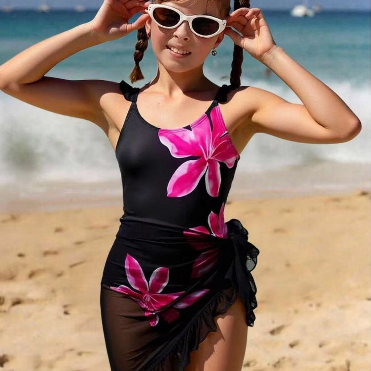 Conjunto de maiô infantil estilo body para meninas, tamanhos grandes, estampado, duas peças._voghion.com