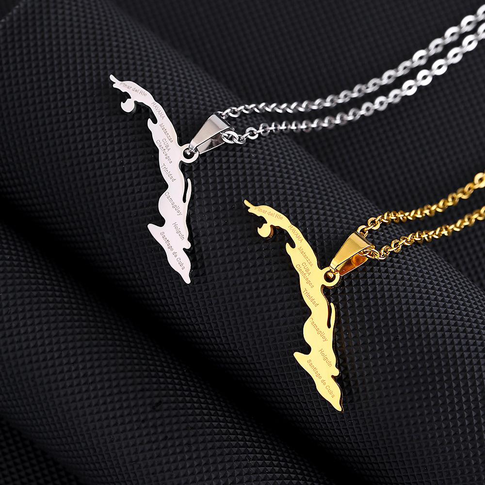 Vintage Öltropfen Kubanische Republik Karte Anhänger Halskette Mode Edelstahl Damen Schlüsselbein Kette_voghion.com