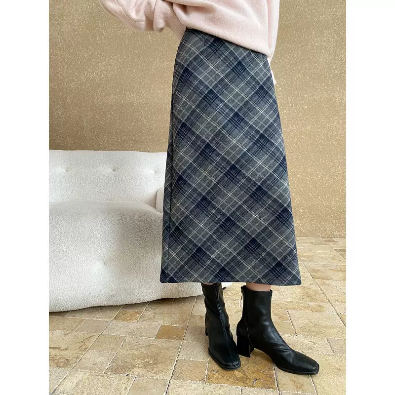 司南 英伦风周末 复古感格纹高腰显瘦直筒加厚毛呢半身裙 SN6764