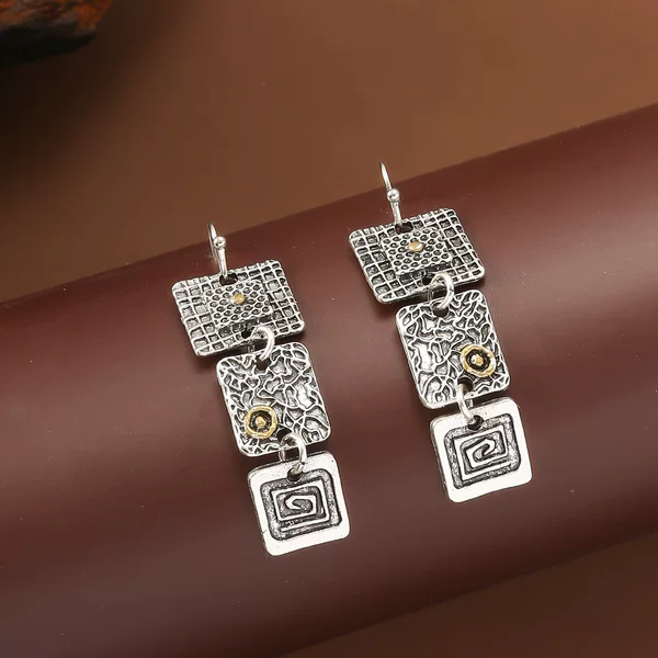 Xiyin Cross-Border New Tribal Geometric Carved Square Metal Earrings Punk Pendant Earrings for Women Amazon New Product