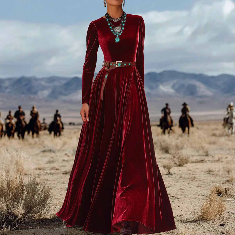 2026 European and American Cross-Border Amazon Independent Site Shein Elegant Autumn and Winter Long-Sleeved Western-Style Velvet Dress