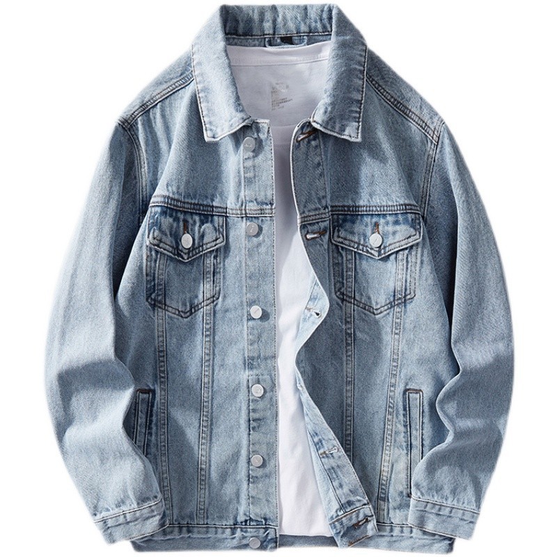 Men's American-Style Denim Jacket for Spring and Autumn, New Trendy Brand, Loose Retro Coat, Solid Color, Turn-Down Collar, Casual and Stylish