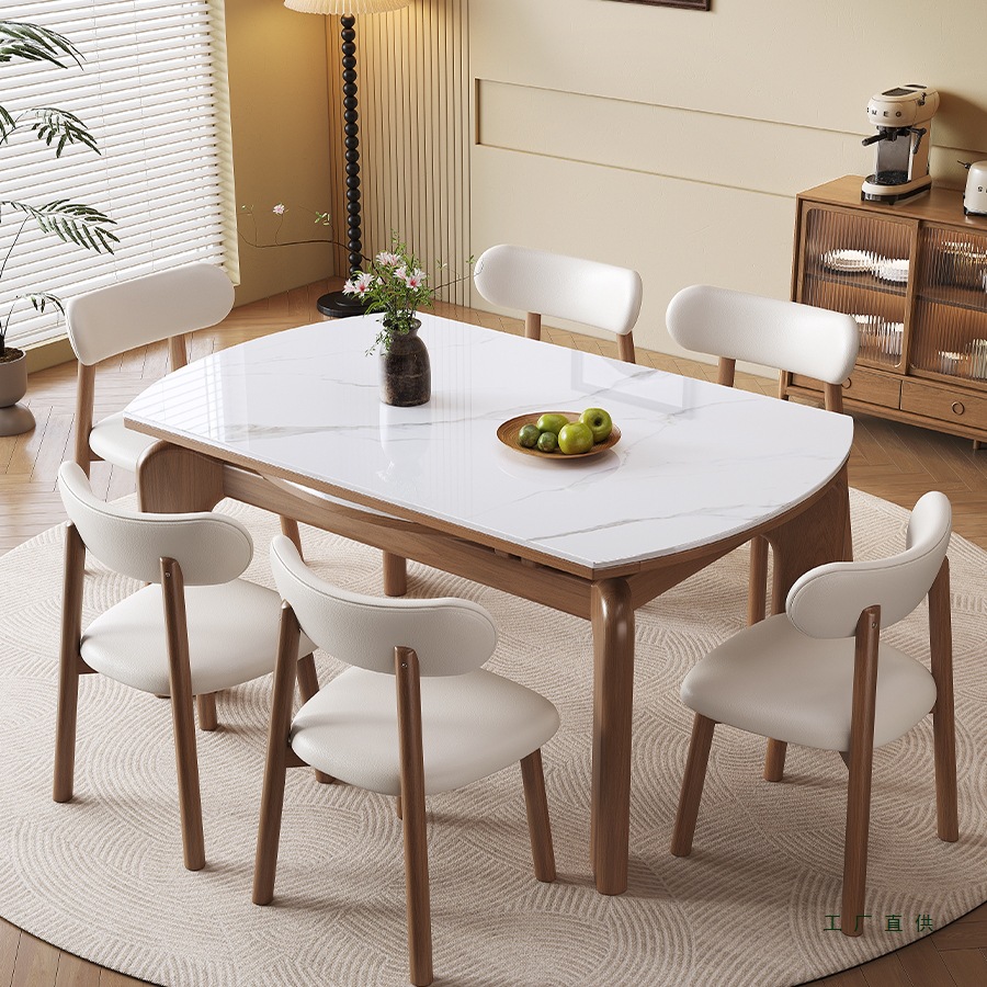 Cream Style Slate Dining Table and Chair Combination Small Household Retractable Solid Wood Rectangular Square Table Variable Round Table