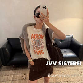 JVV十三行2026秋季新款美式复古印花短袖上衣百搭显瘦T恤女01325