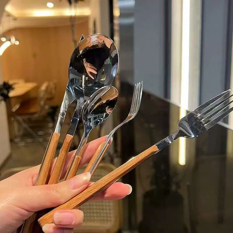 牛排刀叉勺五件套装家用西餐叉子勺子ins高颜值不锈钢仿木柄餐具