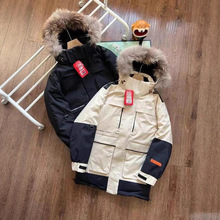 冬季大毛领拼接羽绒服工装中长款加厚大码黑色加厚休闲外贸外套