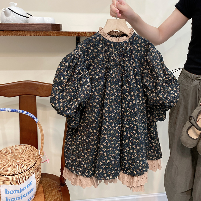 Koreanische kinder Tragen 2023 Herbst Neue Mädchen Spitze Fragmentierte Blume Blase Hülse Prinzessin Kleid Trend_voghion.com