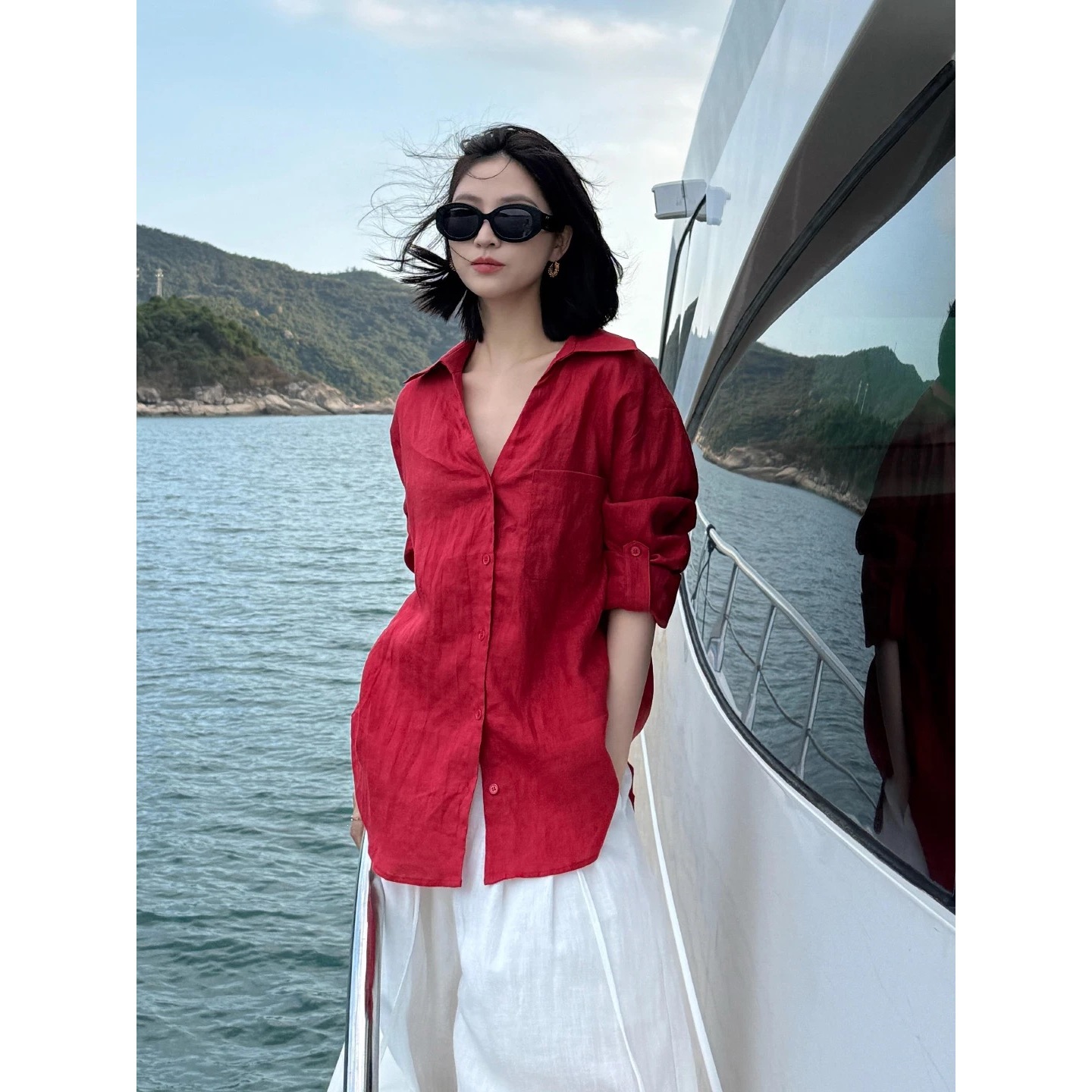 红色度假风亚麻衬衫女春夏新款慵懒松弛感休闲设计感小众防晒衬衣