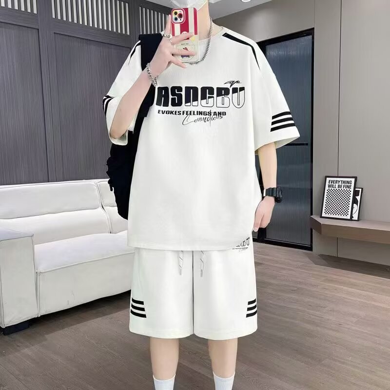 Summer Youth Short-Sleeved Shorts Sports Suit for Male Middle and High School Students, Large Size, Casual, Loose and Handsome Two-Piece Set