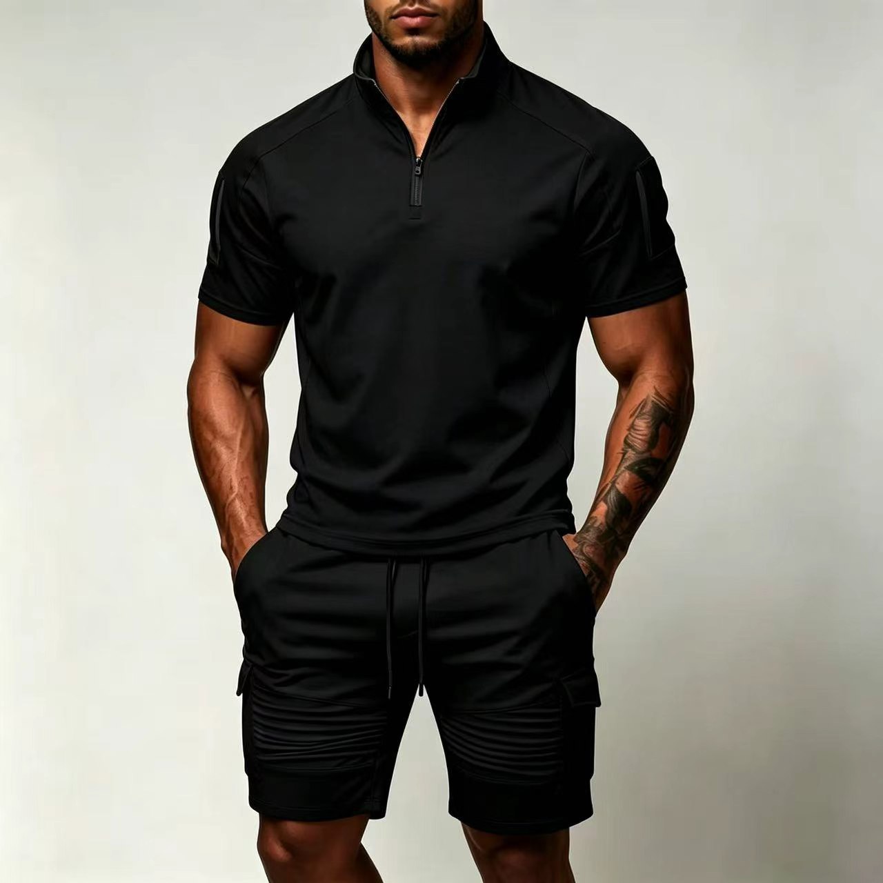 Men's Summer Tactical Sportswear Set, Quick-Dry Two-Piece Outfit With Arm Pocket For Outdoor Training & Casual Wear_viptrois.com