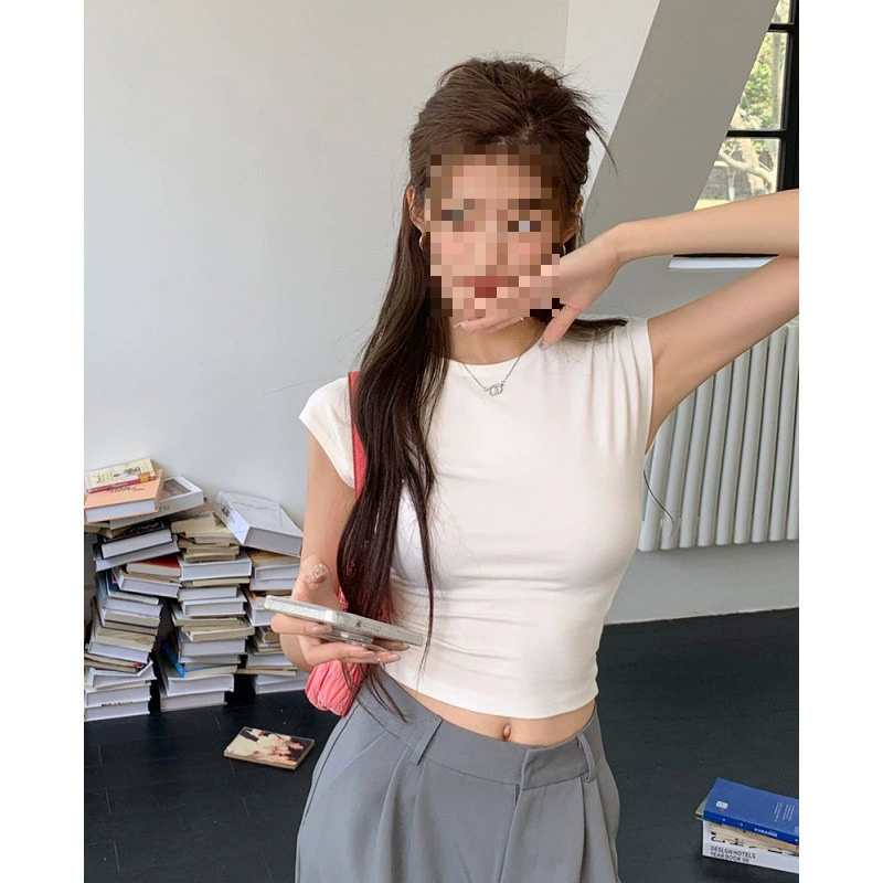 YS8 real shot 2025, летняя новая стильная футболка с хорошей фигурой, утягивающая фигуру, с высокой талией, сексуальная однотонная футболка с круглым вырезом, женский тонкий топ с короткими рукавами