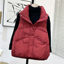 2024冬新款短羽绒服马甲女立领加厚宽松三粒扣飘带白鸭绒背心外套