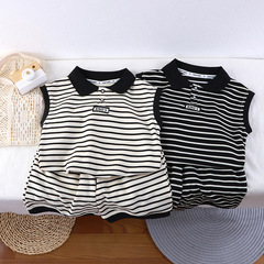 【韓系條紋】兒童夏季無袖黑白條紋套裝洋氣POLO領中童男女童套裝