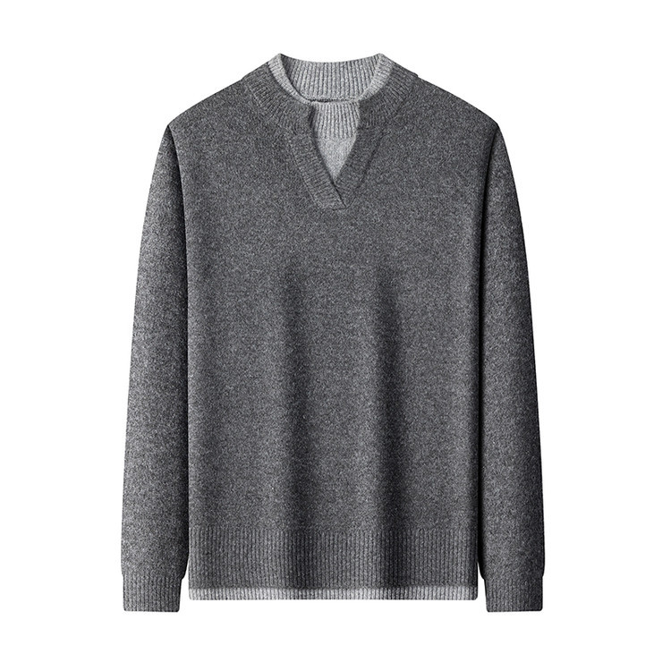 Falsos suéter de dos piezas de hombre otoño invierno V-collar contraste de moda top bottom casual suéter de punto suelto perezoso