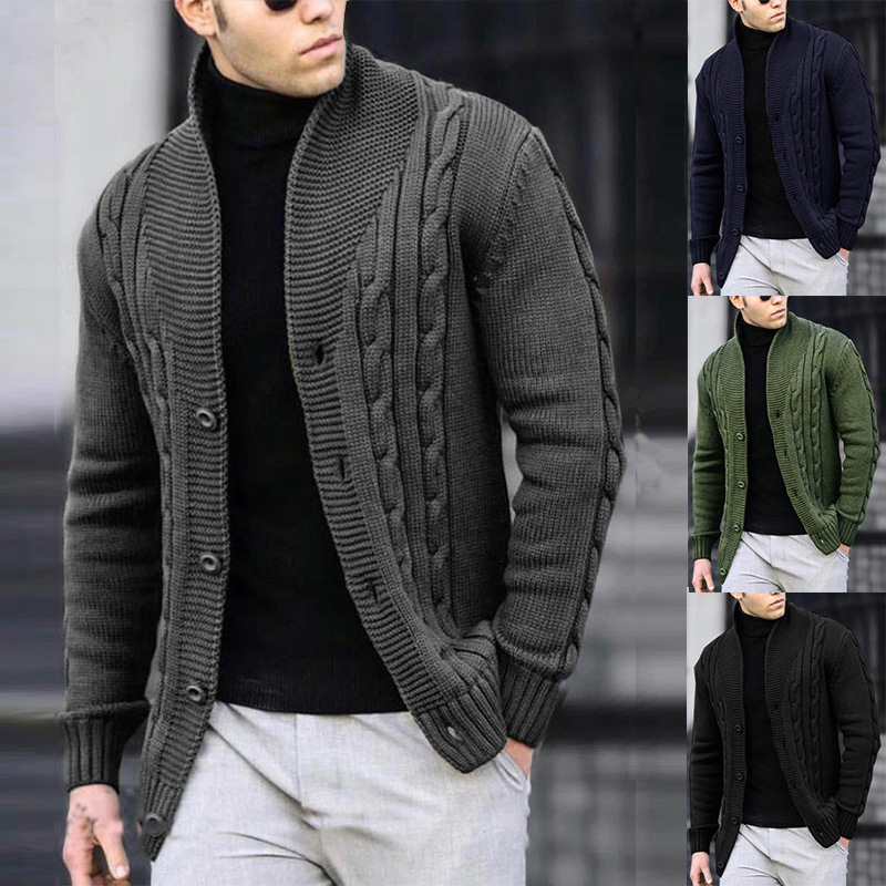 Dunhuang.Com Small Batch Men's Sweater New Thickened Warm Cable Knit Cardigan Men's Autumn and Winter Knitwear