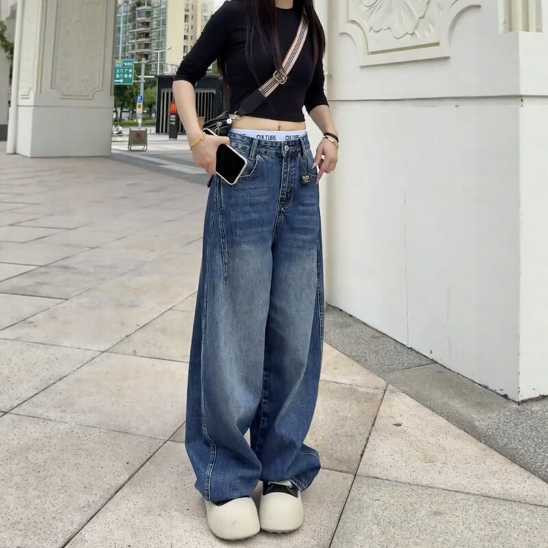 大码弯刀阔腿牛仔裤女秋冬2025新款梨型身材胖mm显瘦宽松直筒裤子|undefined