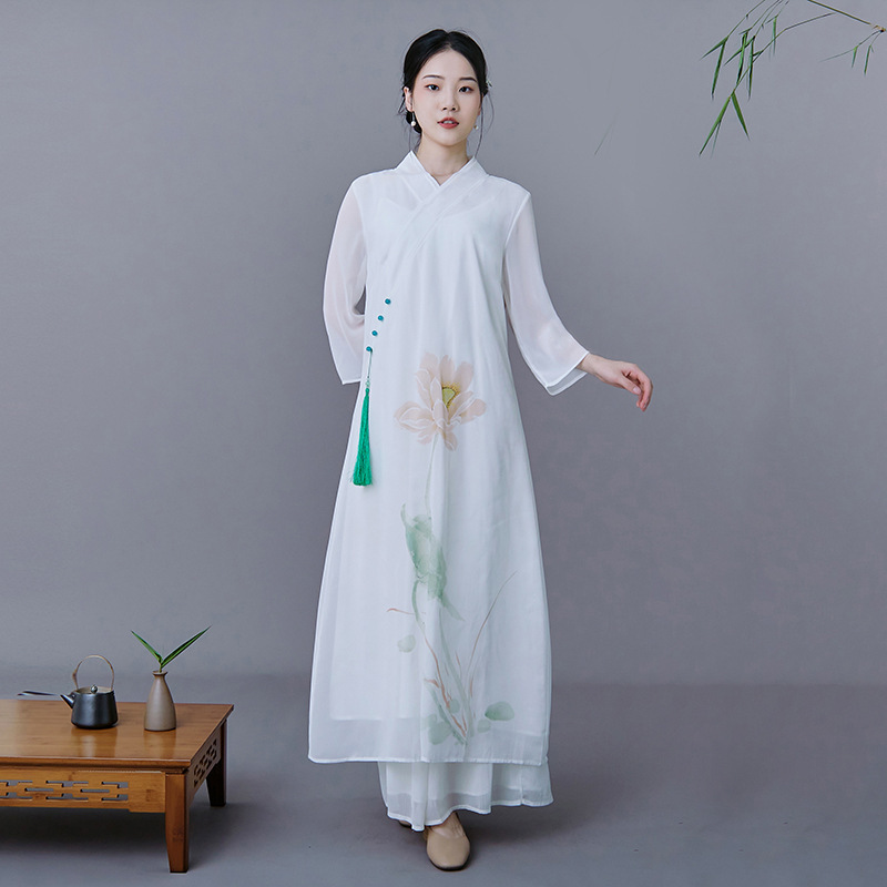 中国風改良レースアップ斜め襟禅茶服文学レトロ長袖シフォンドレスワイドレッグパンツスーツ|undefined