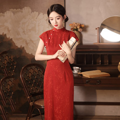 紅色國風新中式長款改良旗袍2025新款女復古修身短袖日常可穿走秀