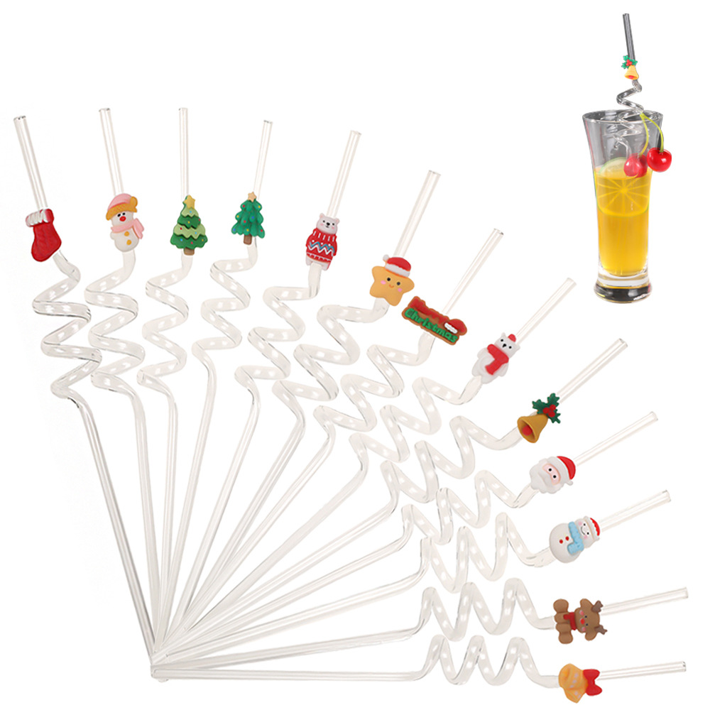 Comercio exterior dibujos animados patrón de Navidad pajita de plástico fiesta navideña creativa copa de vino pajita ambiente navideño suministros de decoración