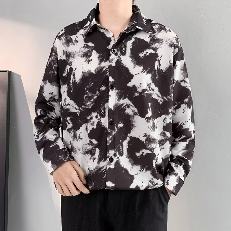 Tie-dyed Guofeng Shirt Men's Long-sleeved Design Sense High-grade Puffin Handsome Hair Stylist Trendy Brand Men's Draped Sense Ice Silk Shirt