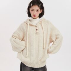 韩版宽松慵懒风连帽毛衣女秋冬2025新款软糯加厚抽绳针织卫衣上衣