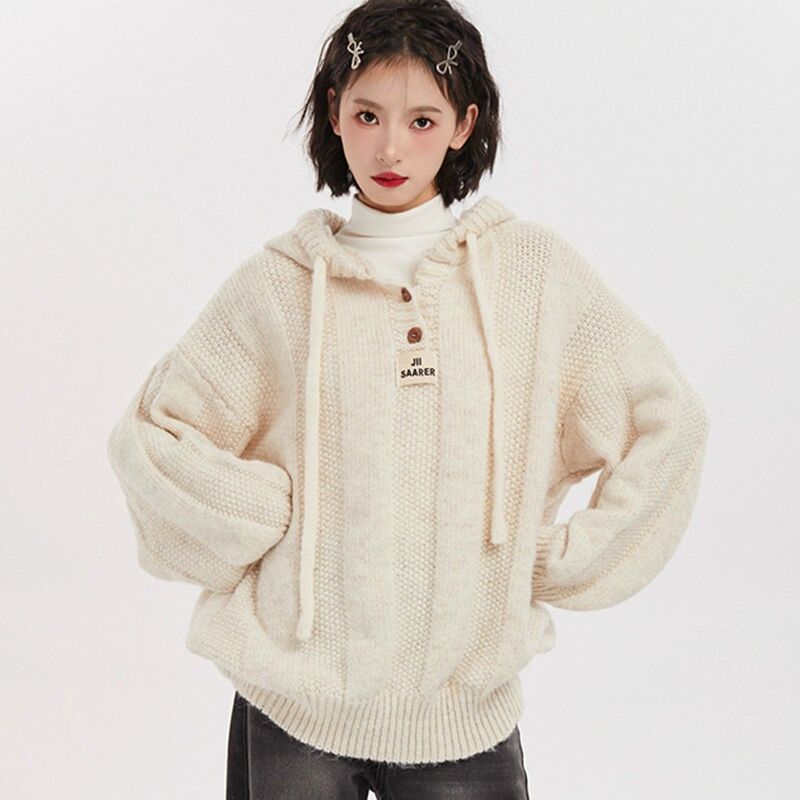 韩版宽松慵懒风连帽毛衣女秋冬2025新款软糯加厚抽绳针织卫衣上衣|undefined