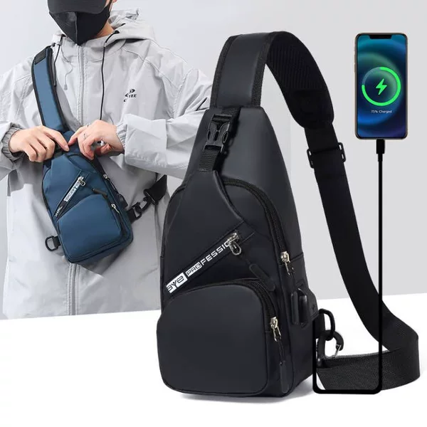 2024 new trendy chest bag cross-border Men's simple shoulder bag USB shoulder bag business casual waterproof chest bag