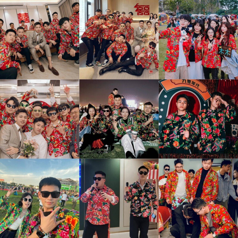 Groomsmen and Bridesmaids' Floral Shirts with Long Sleeves, Unisex Couple Style, Northeastern Large Floral Retro Chinese Era National Trend Style