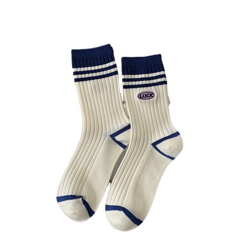 Double needle embroidery - purple series socks women's mid-calf socks spring and summer striped color matching long tube cotton socks ins fashion hot-selling 