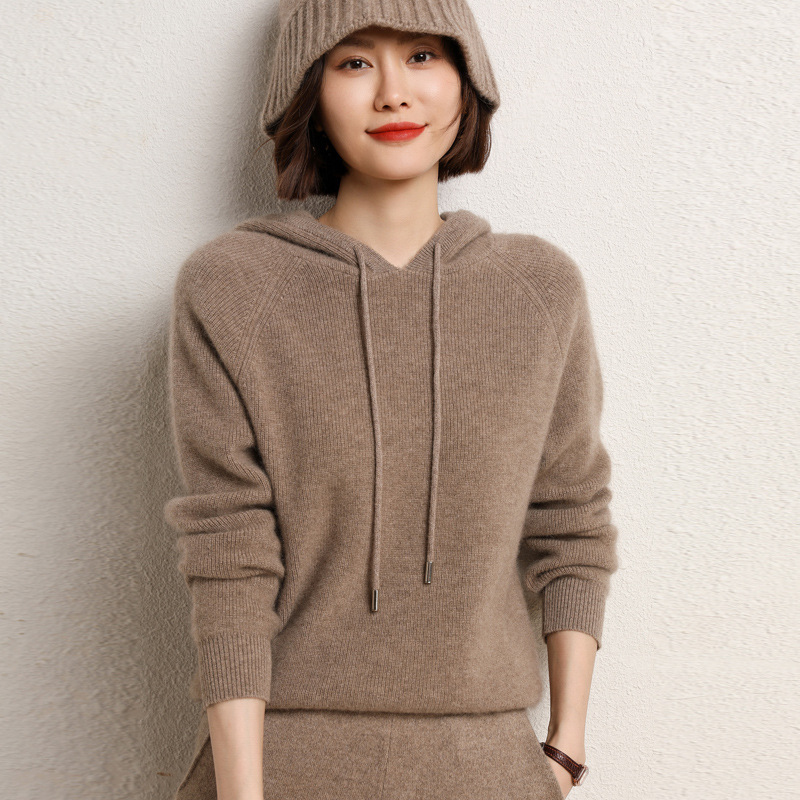Hooded Wool Sweater Women's 100 Wool Autumn and Winter New Hooded Cashmere Sweater Knitted Base Hoodie Thick