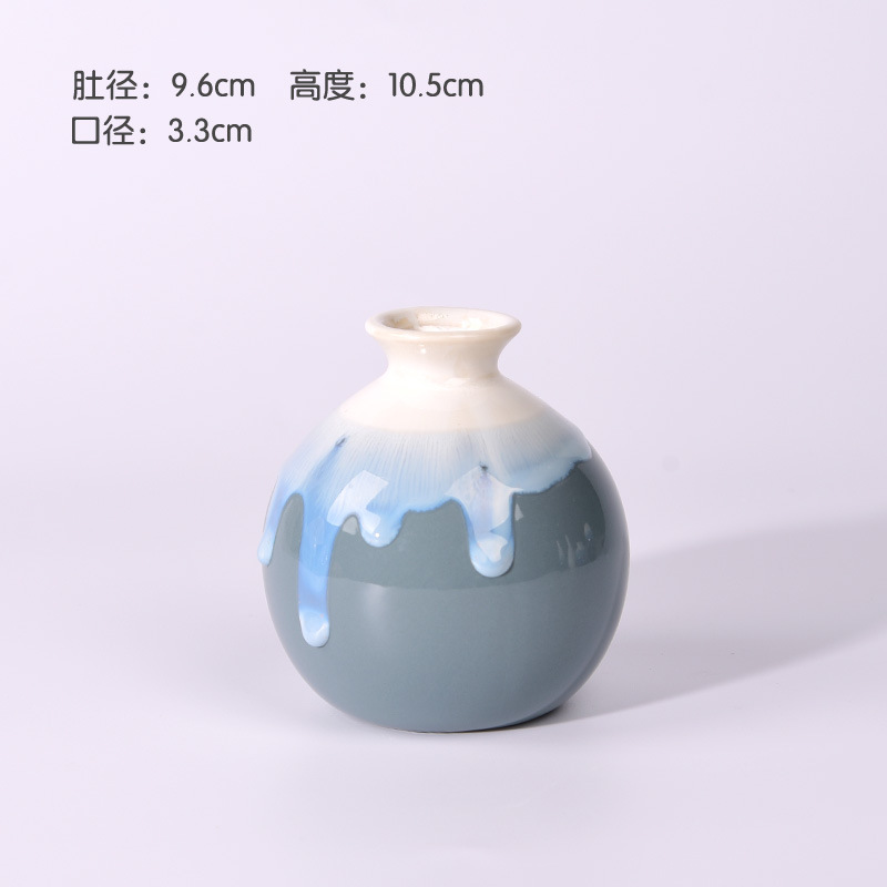 배꼽 병-흐름 유약 라이트 블루 회색-[10cm]