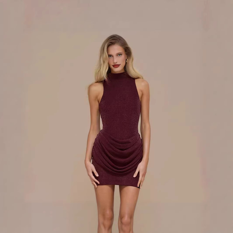 2026 Cross-Border European and American Women's Fashion Spring and Summer New Solid Color Sleeveless Half-High Collar Glitter Sexy Slim Short Dress 2026 Cross-Border European and American Women's Fashion Spring and Summer New Solid Color Sleeveless Half-High Collar Glitter Sexy Slim Short Dress