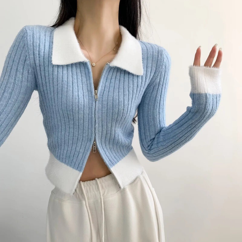 2023 new Christmas hit sexy pure hot girl flanged sweater cardigan women's zipper knit