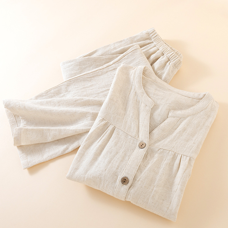 Women's Autumn Japanese-Style Muji V-Neck Cotton and Linen Solid Color Loungewear Loose Long-Sleeve Long Pants Suitable for Wearing Outside Home Clothes