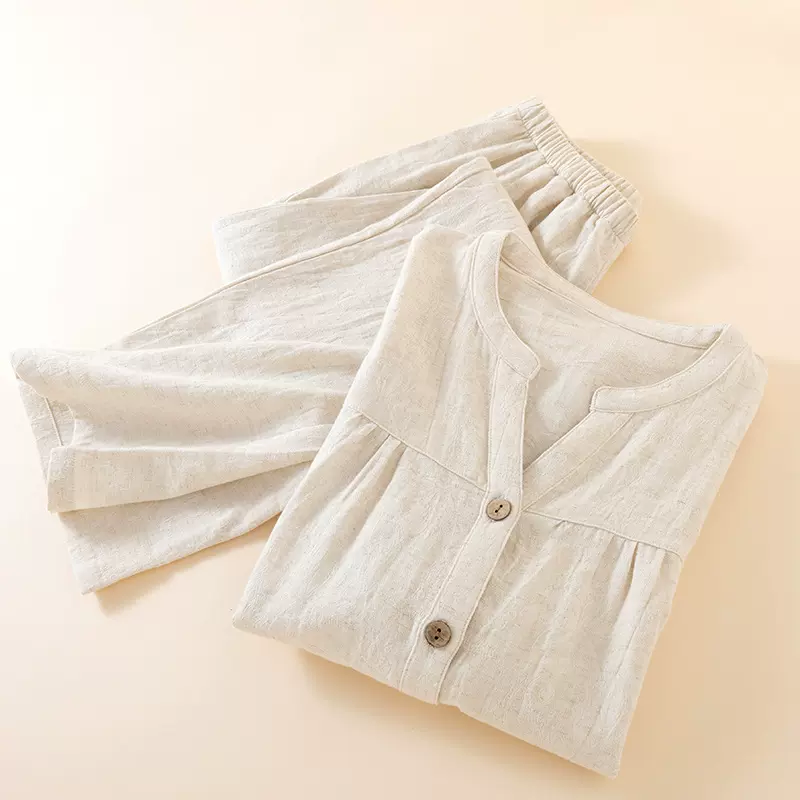 睡衣女秋季日系无印V领棉麻纯色居家服宽松长袖长裤可外穿家居服