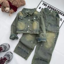 女童牛仔套装2025新款春秋装儿童洋气时髦中大童韩系潮酷牛仔外套