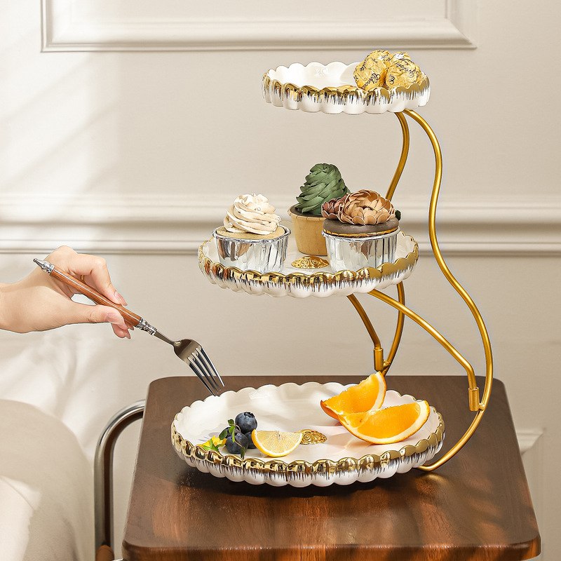 Light Luxury Ceramic Three-Tier Cake Plate for Home Use, High Aesthetic Value, Electroplated Gold Edge, Living Room Dessert Storage Plate, Party Snack Plate Light Luxury Ceramic Three-Tier Cake Plate for Home Use, High Aesthetic Value, Electroplated Gold Edge, Living Room Dessert Storage Plate, Party Snack Plate