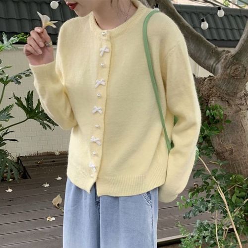 Fanyue Yellow Butterfly Knot Pearl Button Cardigan for Women - Spring Plain Color New Bestseller Gentle Style Knit Sweater