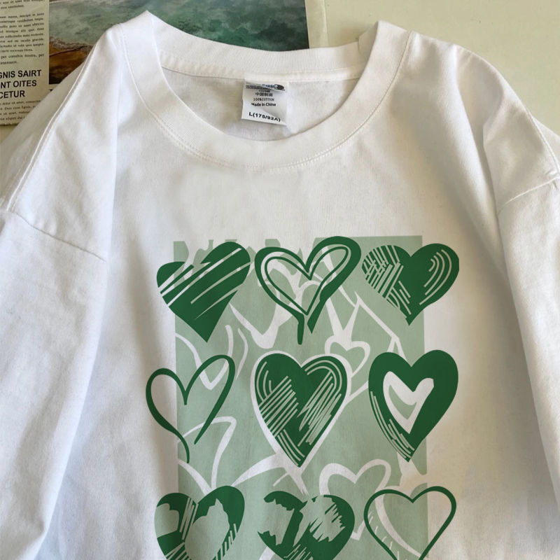 Hielo de seda manga corta blanco verde pintado a mano amor