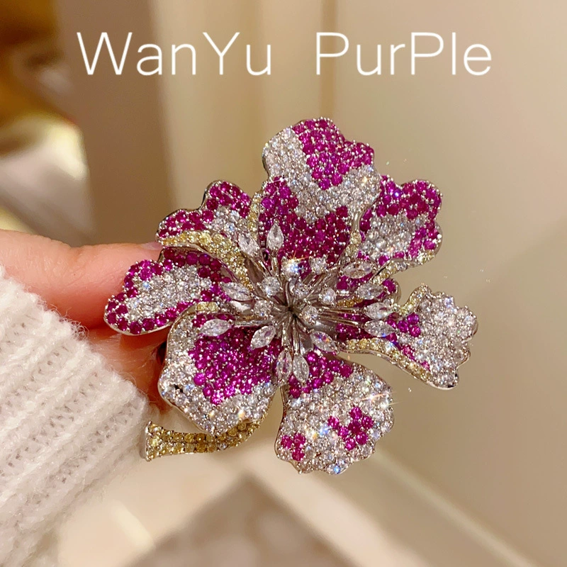 Three dimensional elegant brooch lapel pin, retro pin, diamond encrusted, flowered