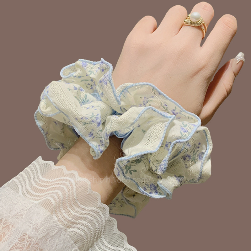 Küçük çiçek desenleriyle süslenmiş, çift katmanlı mavi baskılı dantel saç tokası, lüks saç aksesuarı._voghion.com