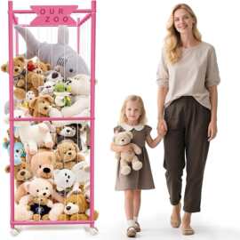 新款毛绒玩具储物笼木质可移动填充动物支架托儿所儿童房储物架