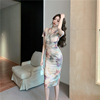 High Waist Oil Painting Retro Flower French Slim Fit Wrap Hip Waist Dress