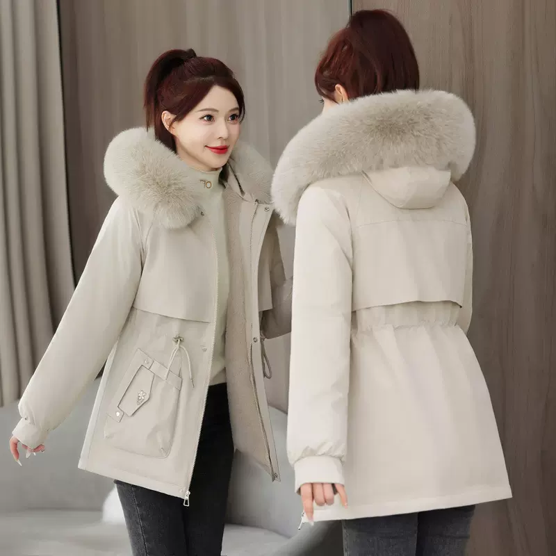 派客服女中长款修身显瘦气质棉衣纯色内里加绒连帽大毛领外套棉服