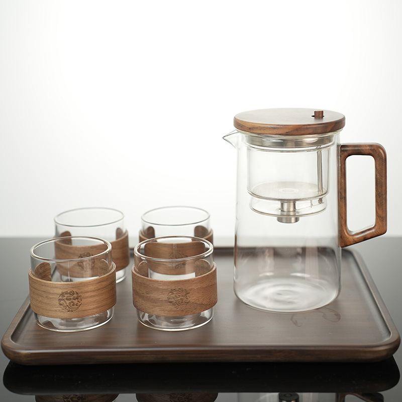 Piaoyi taza tetera filtro de un solo clic nogal resistente a altas temperaturas revestimiento de vidrio completo taza de separación de té juego de té de alta gama
