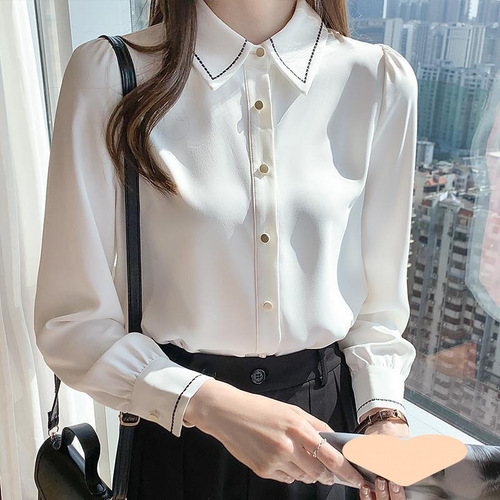White blouse women's basic top with design sense, niche innerwear for spring 2025, chiffon long-sleeved top shirt