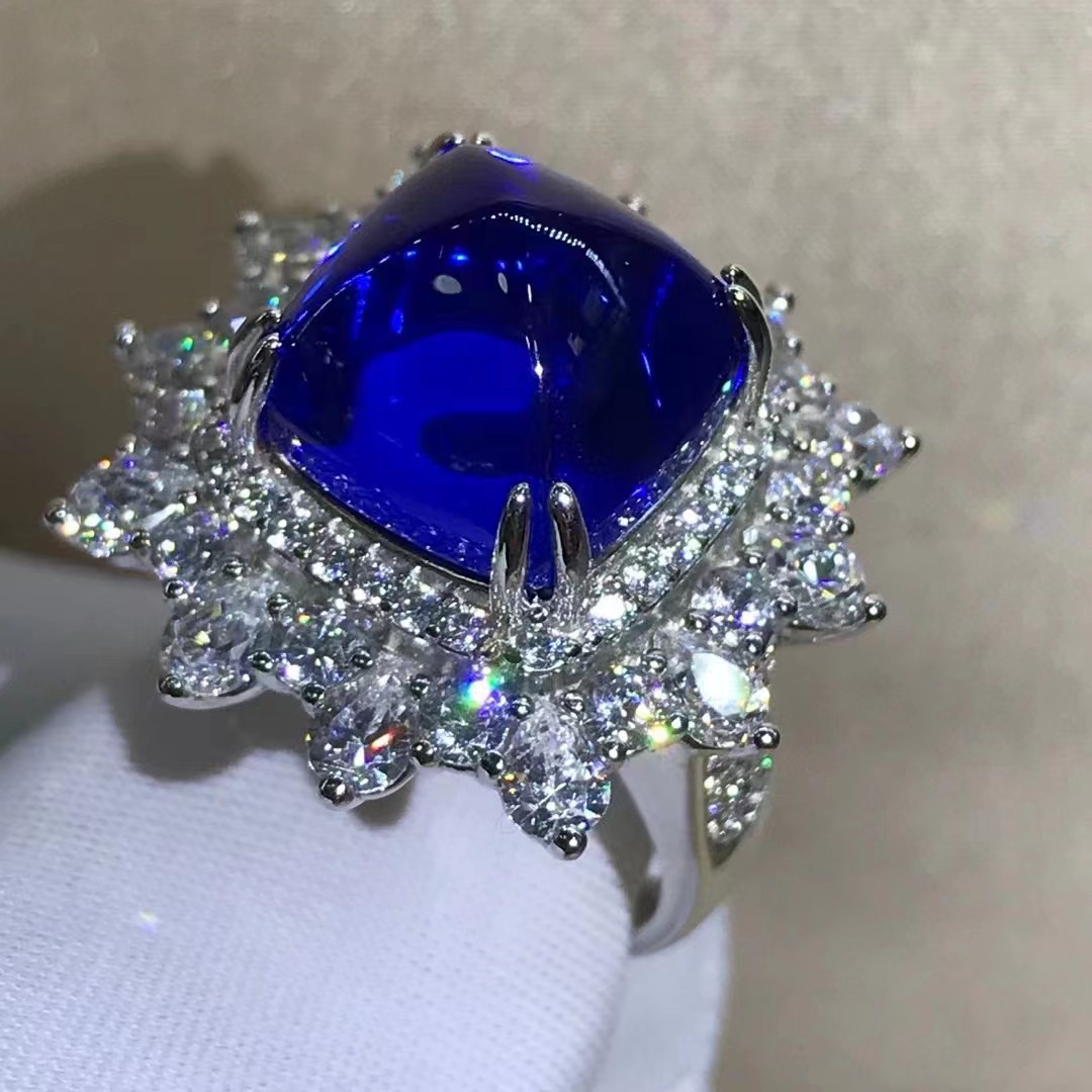 S925 plateado de cinco capas de espesor de platino con incrustaciones de azúcar sintético de 10 quilates anillo de gema en forma de torre transfronteriza transmisión en vivo exclusiva