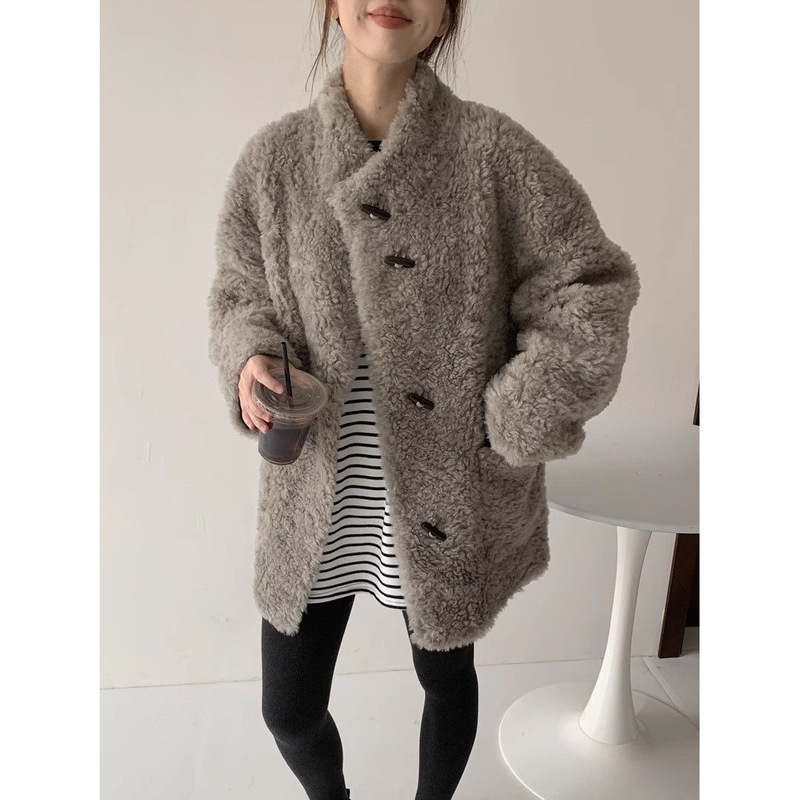 Korean 100% Wool Mid-Length Stand-Up Collar Horn Button Sheep Shear Lamb Wool Outwear for Women Winter Fur One-Piece Outwear