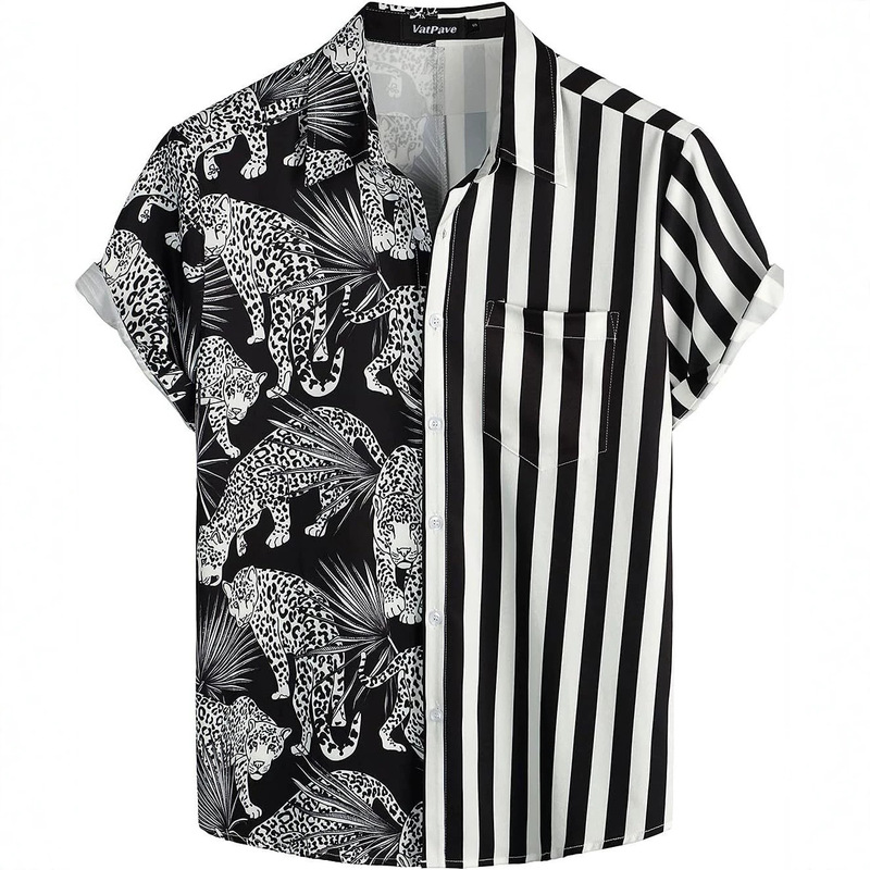 2026 foreign trade men's color-block short-sleeve floral shirt, leopard and plant stripe patchwork all-over print casual open-front shirt for men 2026 foreign trade men's color-block short-sleeve floral shirt, leopard and plant stripe patchwork all-over print casual open-front shirt for men